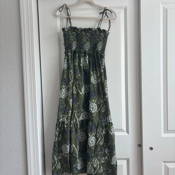 ZARA Green Floral Print Smocked Midi Dress 100% Cotton Tie Straps Size XS - Picture 4 of 14